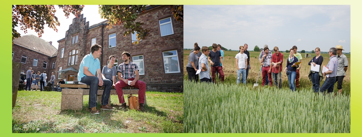 Schüler der Öko-Fachschulklasse vor der Schule und auf dem Feld