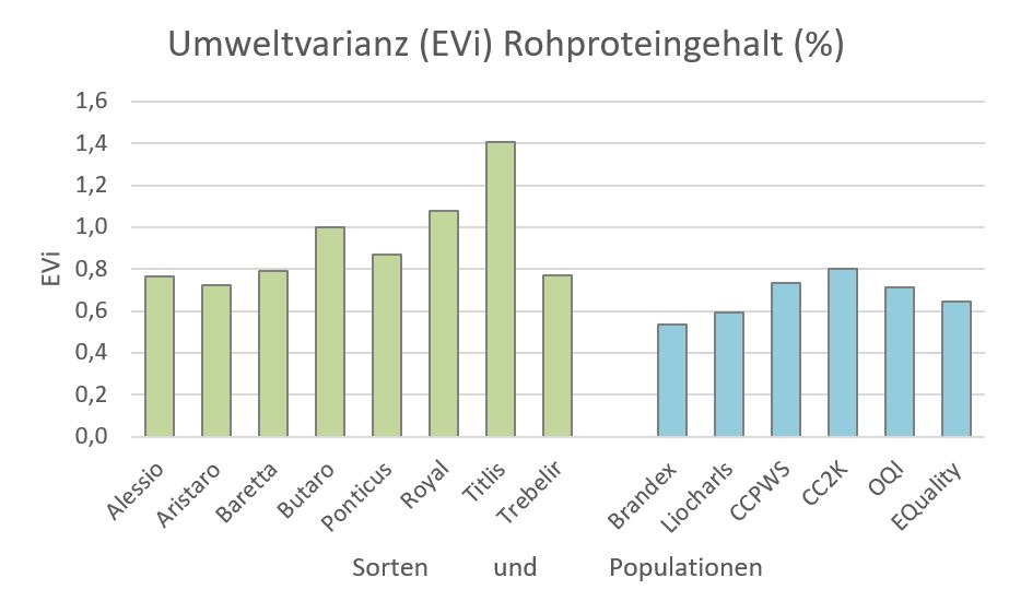 Umweltvarianz des Rohproteingehaltes der Sorten (links, grün) und heterogenen Populationen (rechts, blau). Eine niedrigere Varianz bedeutet eine höhere Stabilität. (3-jährige Ergebnisse von 5 (2018) und 6 (2019 und 2020) Standorten) Umweltvarianz des Rohproteingehaltes der Sorten (links, grün) und heterogenen Populationen (rechts, blau). Eine niedrigere Varianz bedeutet eine höhere Stabilität. (3-jährige Ergebnisse von 5 (2018) und 6 (2019 und 2020) Standorten)