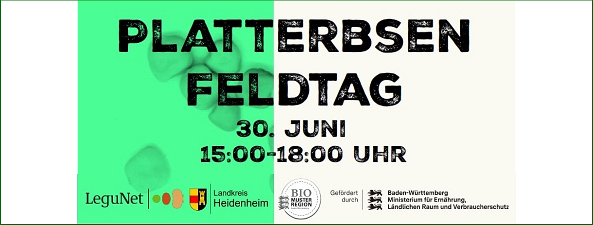 Einladung Platterbsenfeldtag 30. Juni 26; 15 bis 18 Uhr; Logos Förderer