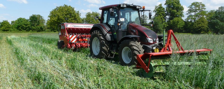 Traktor mit Messerwalze und Direktsaat-Maschine bei der Soja-Direktsaat in einen Roggenbestand