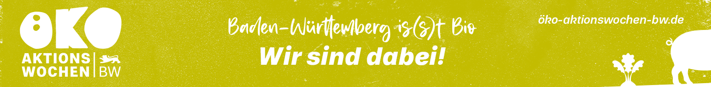 Banner der Ökoaktionswochen mit Schriftzug, wir sind dabei uns symbolbild von Schwein und Rübe