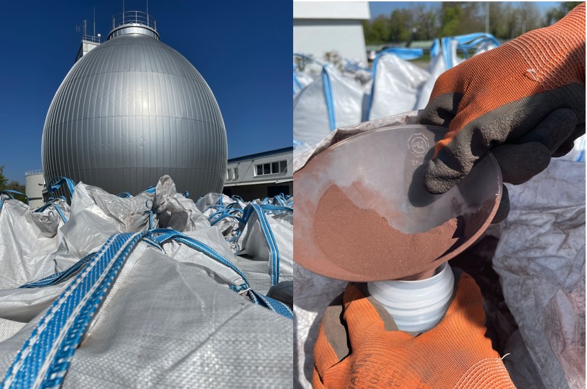 Zusammengesetztes Bild, rechts zeigt Bigbags vor einem Faulturm einer Kläranlage; links zeigt einen Trichter mit rotem Pulver