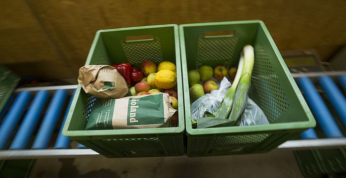 Zwei Napfkisten stehen halbgefüllt auf deinm Rollband