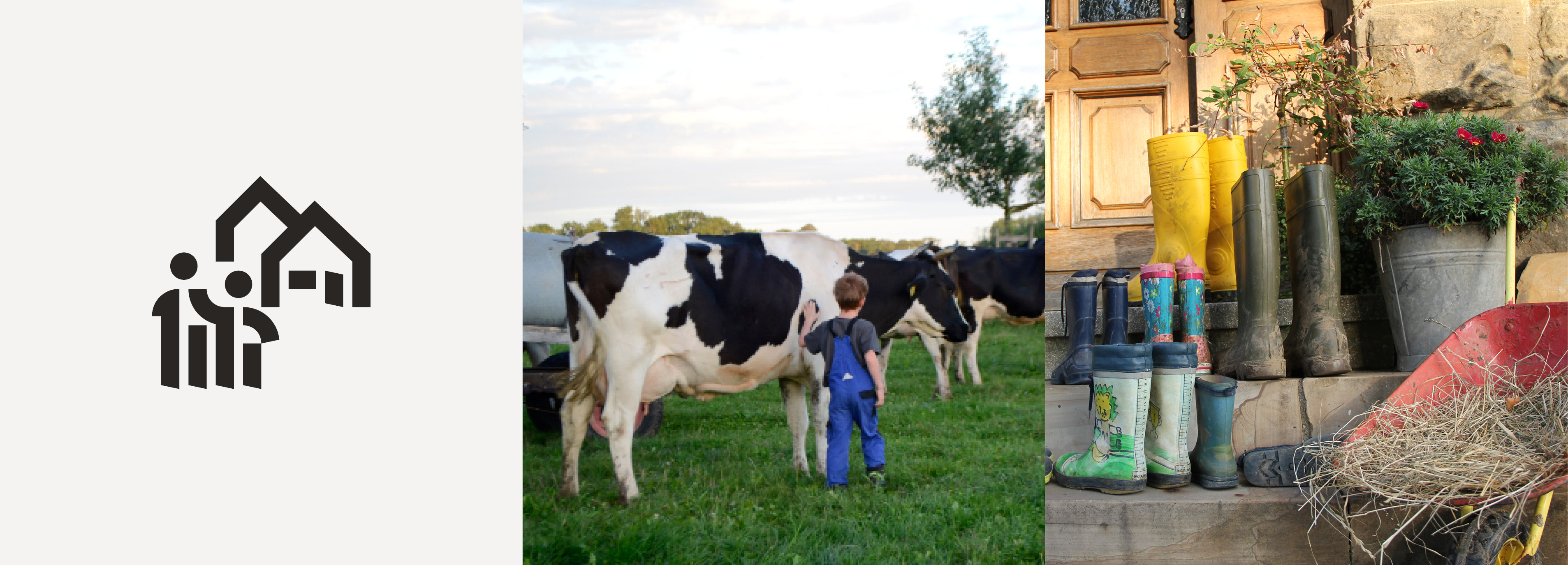 Symbolbilder Soziale Landwirtschaft - Kühe auf der Weide mit Kind; große und kleine Gummistiefel vor einer Haustür - Bilder: Schabel /LEL