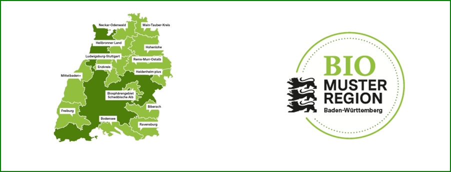 Karte von Baden-Württemberg mit den einzelnen Bio-Musterregionen neben dem Logo