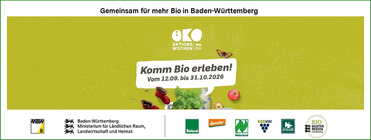Flyer Öko-Aktionswochen 2026-Sprechblase:Komm Bio erleben! vom 12.09. bis 31.10.2026.; Vanstalterlogos