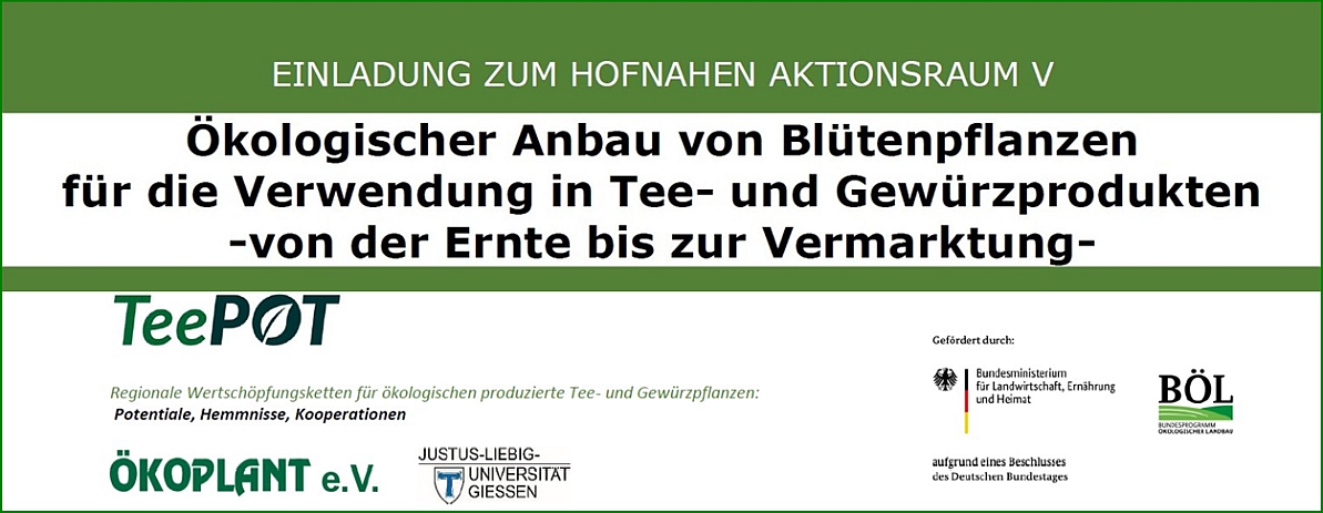Bild mit Einladungstext (Titel)und denLogos von Teepot;Ökoplant;Justus-Liebig -Uni Giessen und BÖL-gefördert durch BLEH