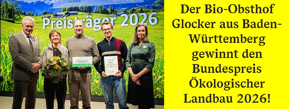 Bild von der Verleihung des Bundespreis Ökolandbau 2026 mit Familie Glocker und Bundeslandwirtschaftsminister Rainer
